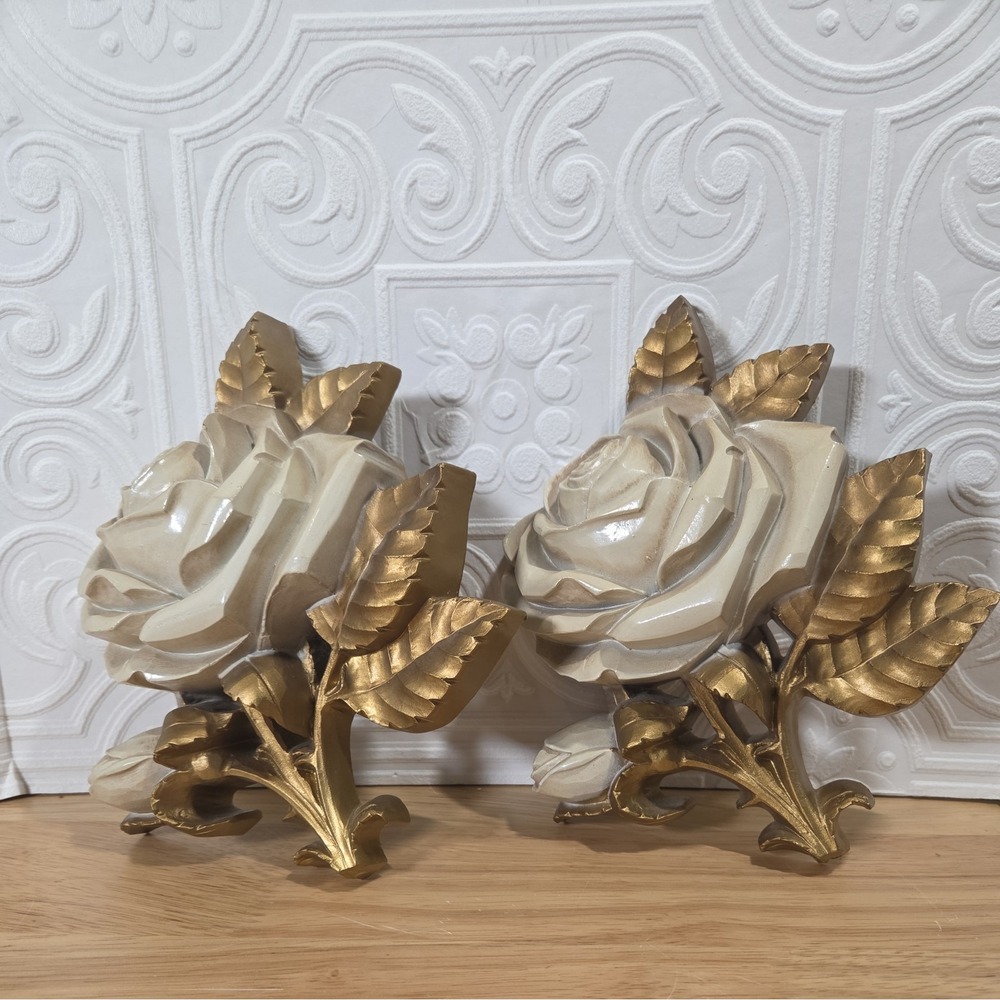 Vintage Pair Homco 1970's Hollywood Regency Style Rose Plaques  6" x 6"